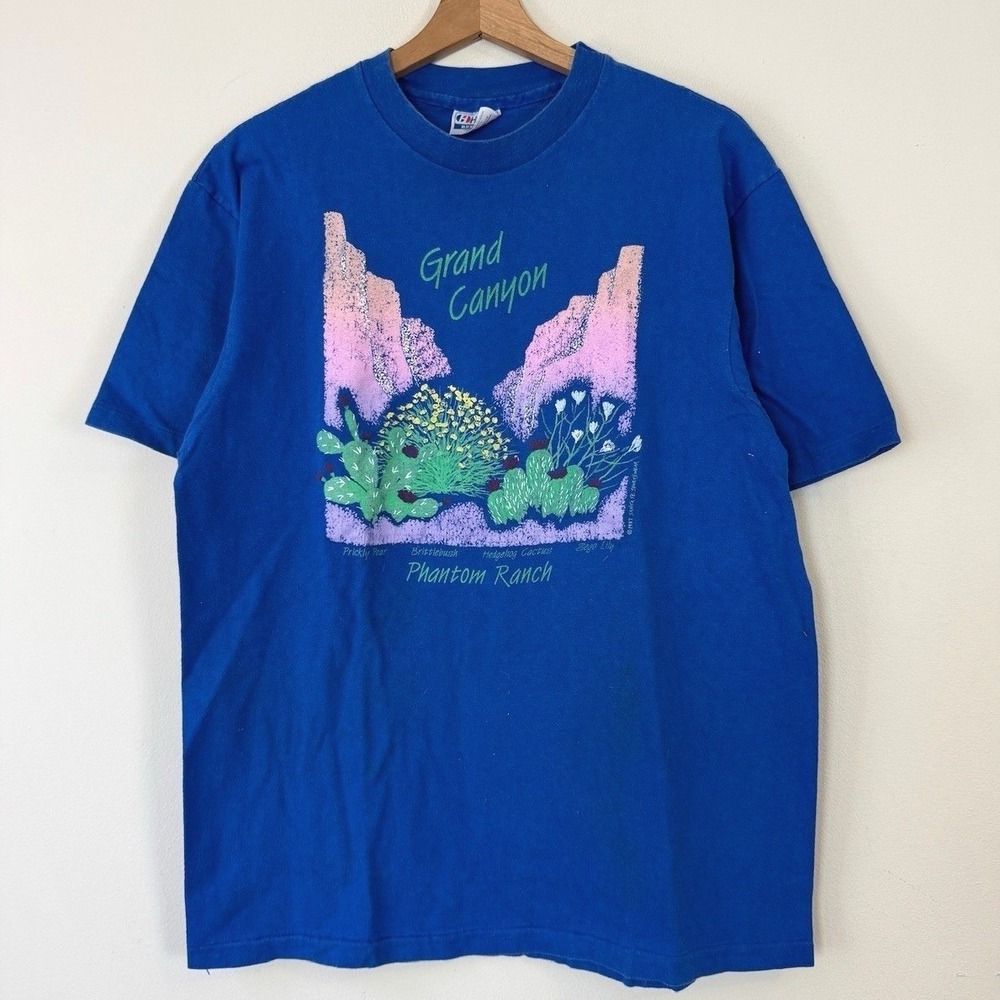 Vintage 80's Grand Canyon Cactus Flower Graphic Art Blue Tee Shirt